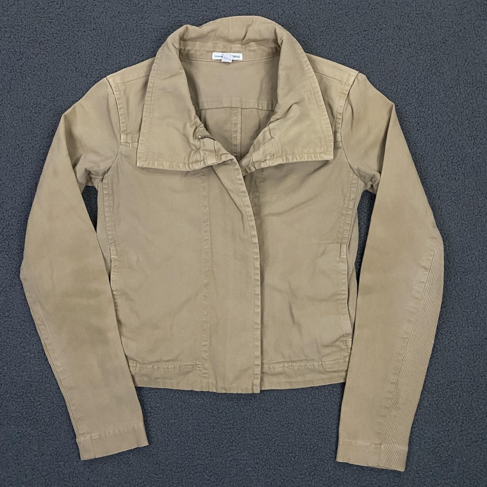James Perse Jacket Womens Small, 1 Beige Twill Stretch Full Zip Short Crop